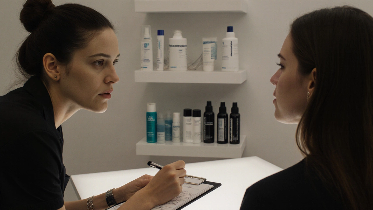 Technician consulting with a client, asking questions about skin concerns.