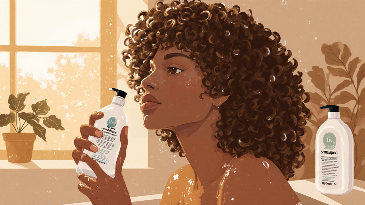 Woman co-washing thick curly hair with conditioner bottle nearby