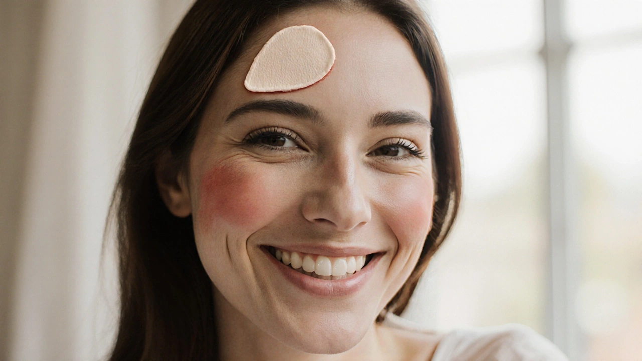 Woman with natural blush and tinted lip, glowing skin, no heavy makeup