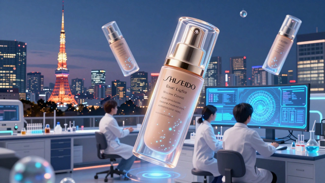 A futuristic lab with glowing foundation vials and scientists monitoring skin data, set against Asian city lights.