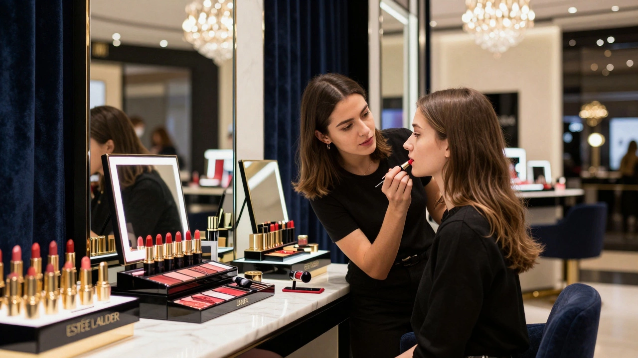 A luxury makeup counter at night where an artist applies a red lipstick to a customer in a high-end department store.