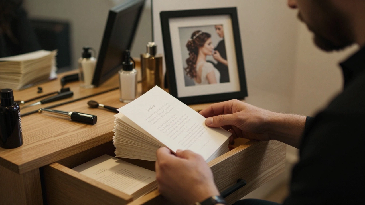 A stylist reads heartfelt client cards in a quiet salon, lamplight glowing softly.