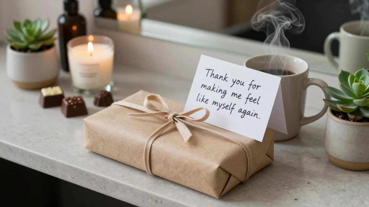 A thoughtful Christmas gift on a salon counter: candle, chocolates, succulent, and handwritten note.