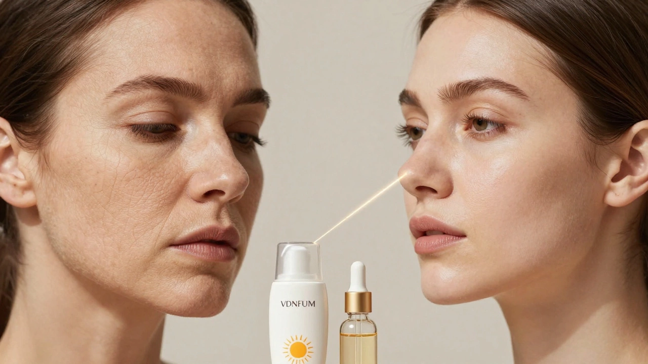 Before-and-after skin transformation connected by golden light, showing improved texture and volume from consistent care.