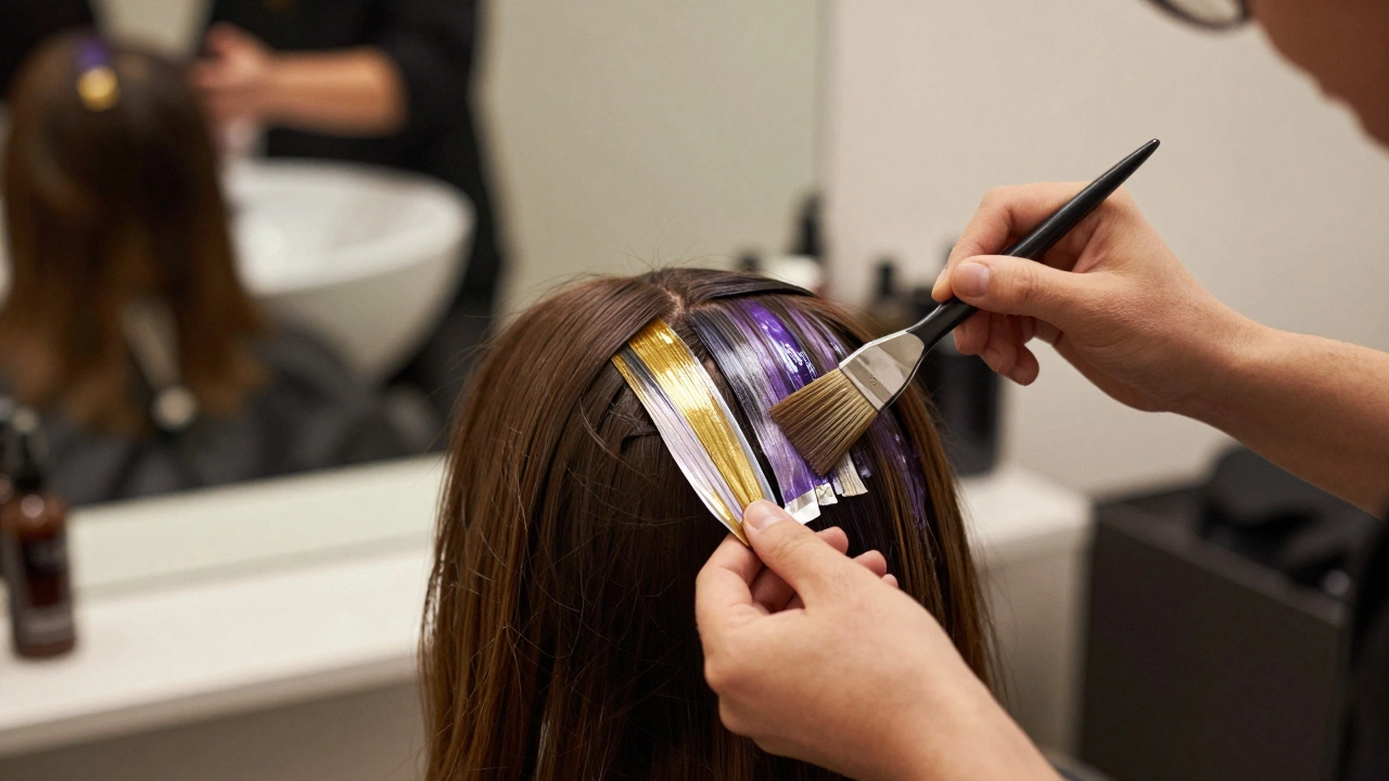 Close-up of hands applying foils to hair with vibrant color pigments.