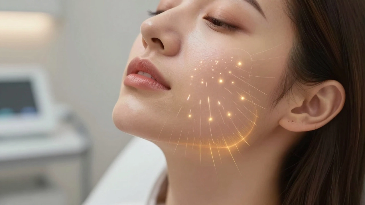 Close-up of radiofrequency microneedling stimulating collagen beneath the skin on a woman's jawline.