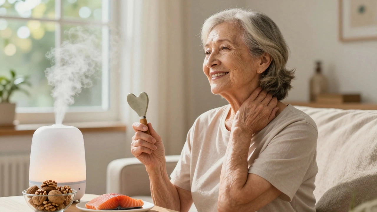 Elderly woman smiling, holding gua sha tool, with healthy skin, walnuts, salmon, and humidifier nearby.