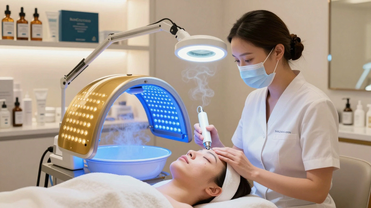 Esthetician performing a microdermabrasion facial with LED therapy and clinical skincare products.