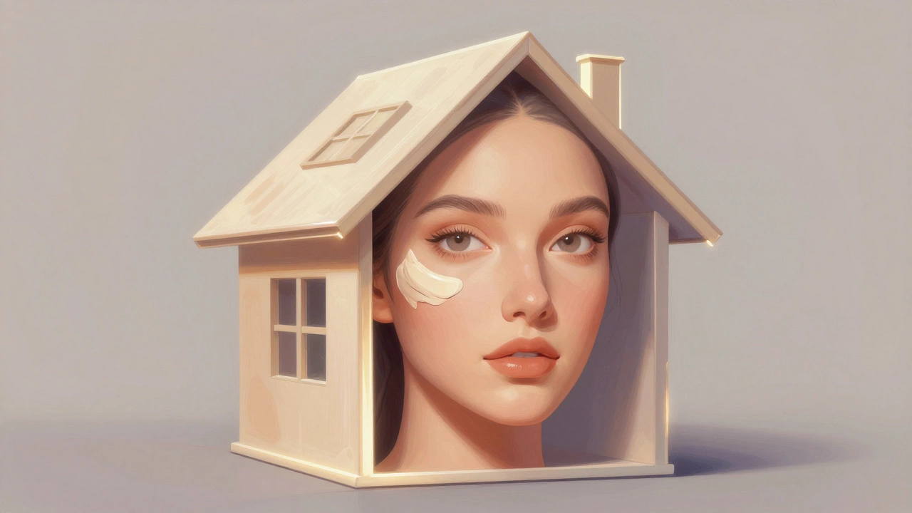 Face depicted as a house with skincare steps as structural layers leading to foundation.