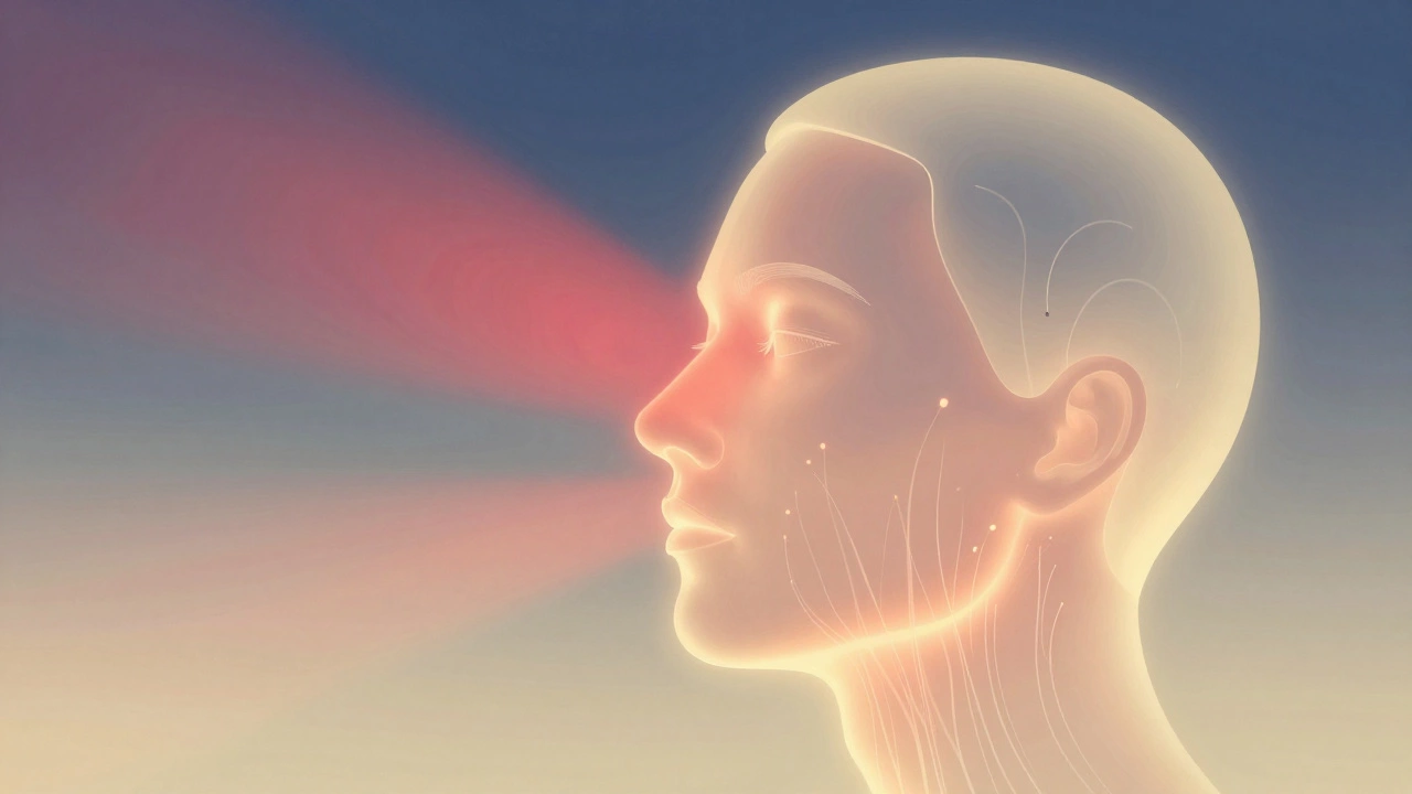 Glowing face with red LED light and radiofrequency waves stimulating collagen renewal, ethereal and scientific aesthetic.