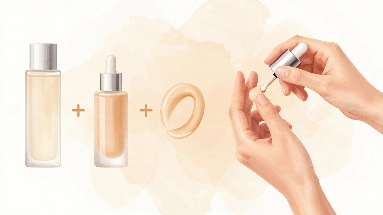 Hand applying primer to moisturized skin with layered skincare products fading in background.