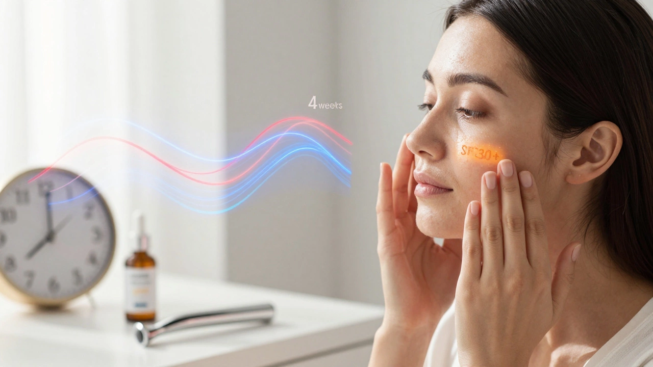 Hands applying sunscreen with subtle LED light waves and skincare products nearby.