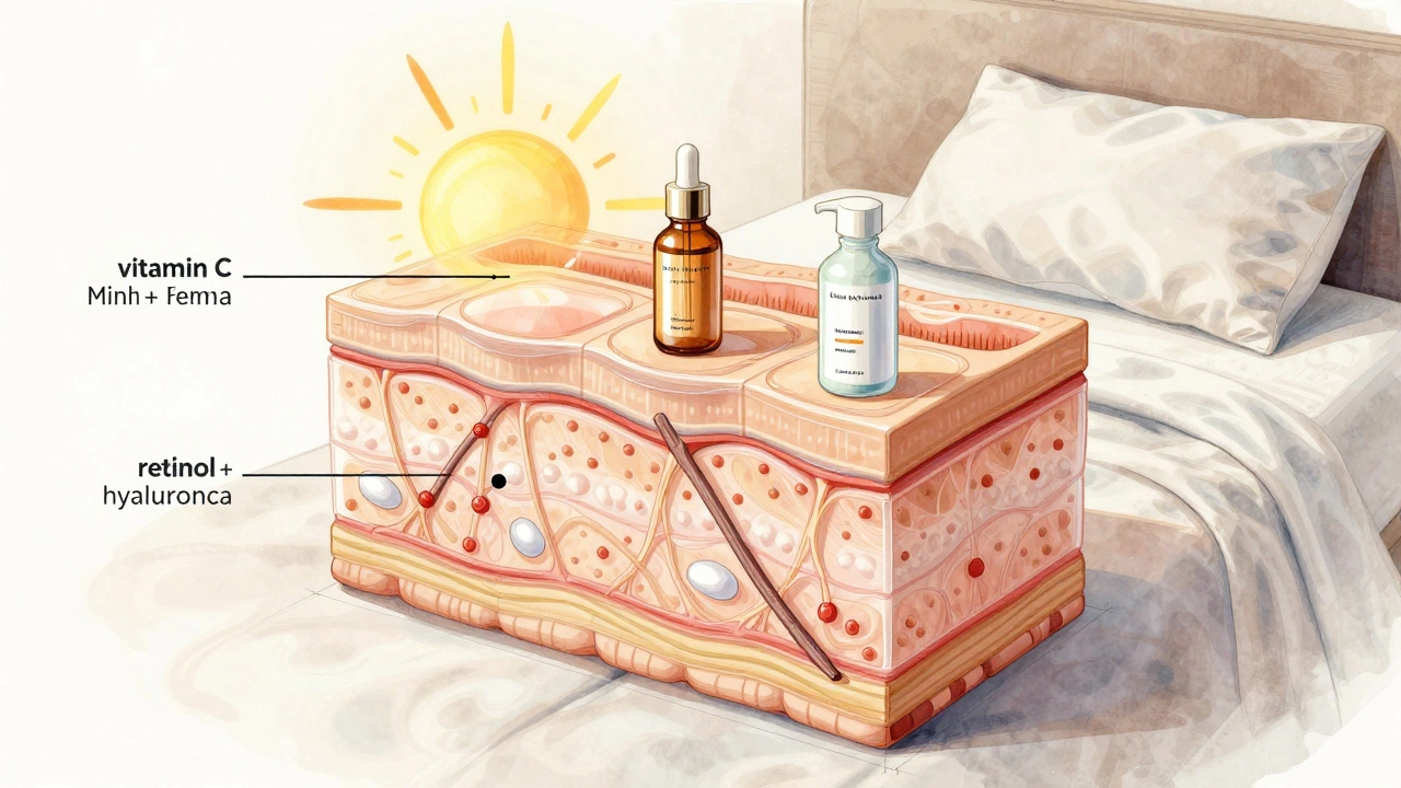 Layered skincare routine showing vitamin C, sunscreen, retinol, and collagen repair with silk pillowcase in background.