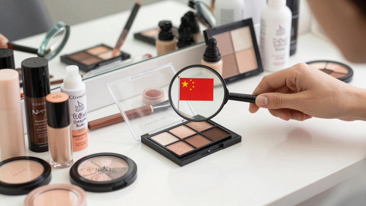 Makeup vanity with CoverGirl products beside certified cruelty-free brands, magnifying glass over China flag on packaging.