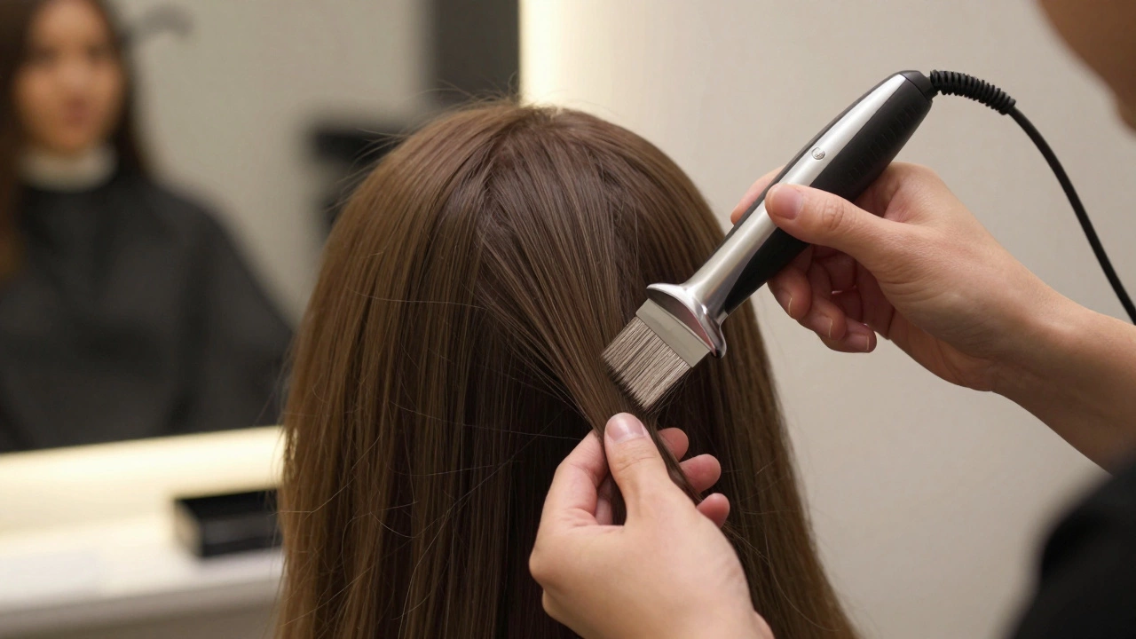 Salon technician applying keratin bond extensions with a heated tool, focusing on precise hair attachment.