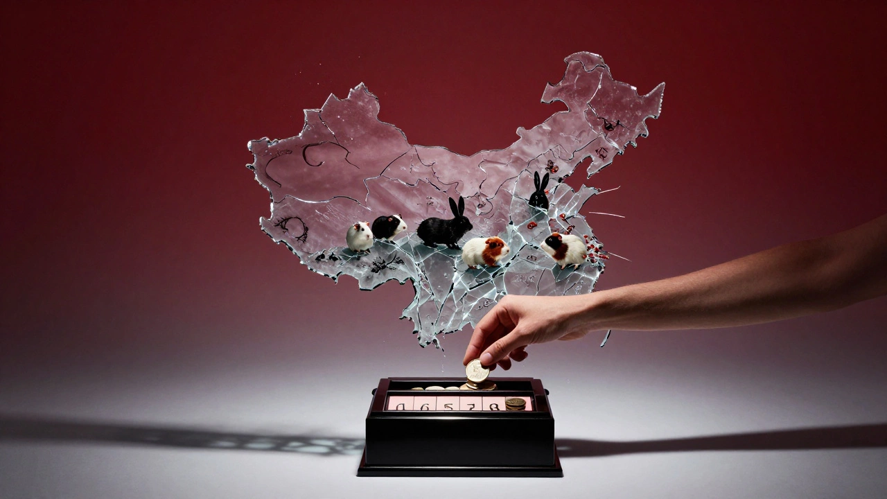 Shattered Victoria's Secret logo above China map with animals inside cracks and coins falling.