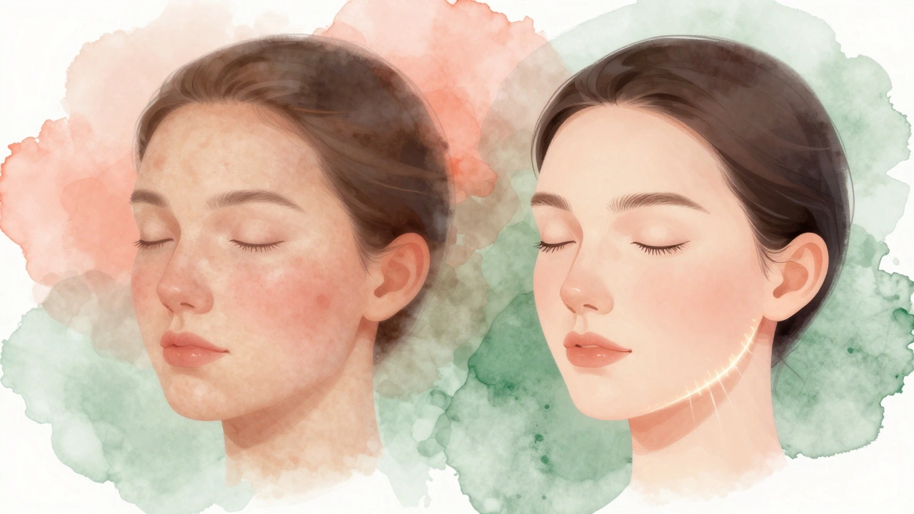 Split-face illustration showing skin transformation after microcurrent treatment.