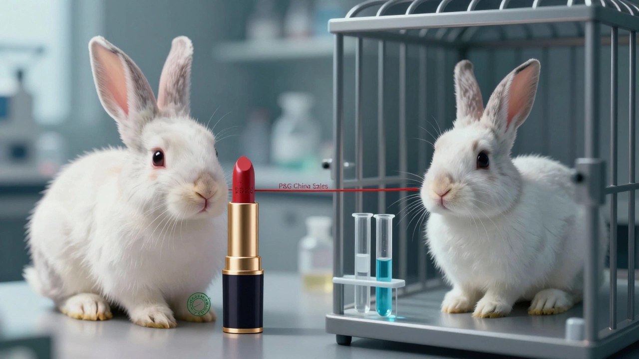Split image: gentle rabbit beside cruelty-free lipstick vs. same rabbit in lab, connected by red thread.