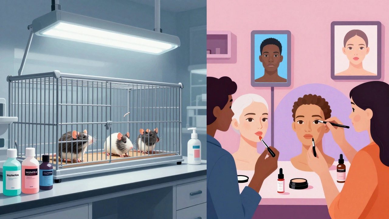 Split scene: animal testing lab on one side, ethical beauty innovation on the other, symbolizing cosmetic industry choices.