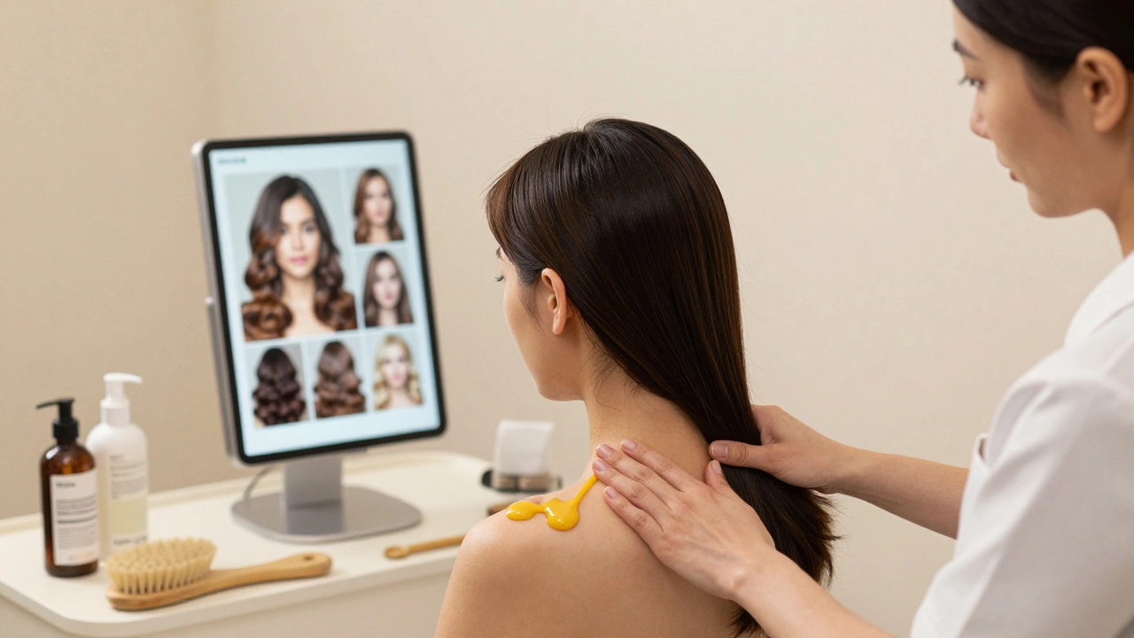 Woman enjoying a multi-service beauty experience with massage, nail care, and AR hair color preview.