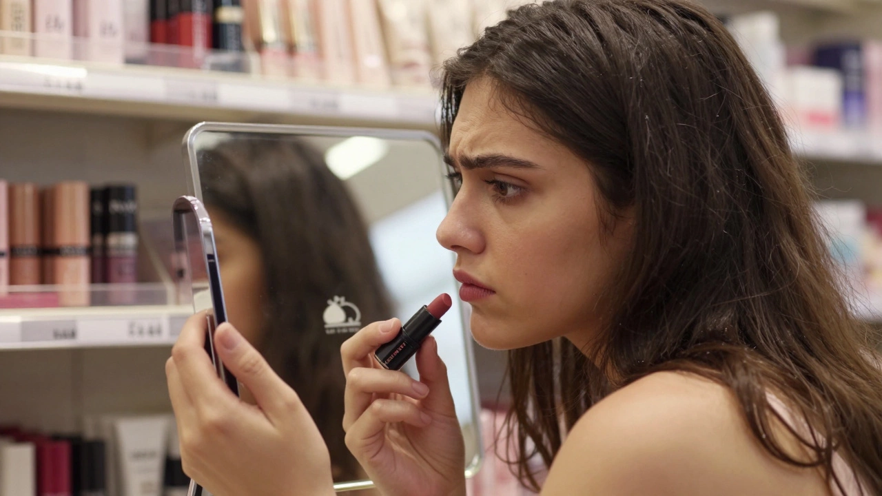 Woman holding Maybelline lipstick, her reflection showing a cruelty-free logo, with ethical alternatives visible in background.
