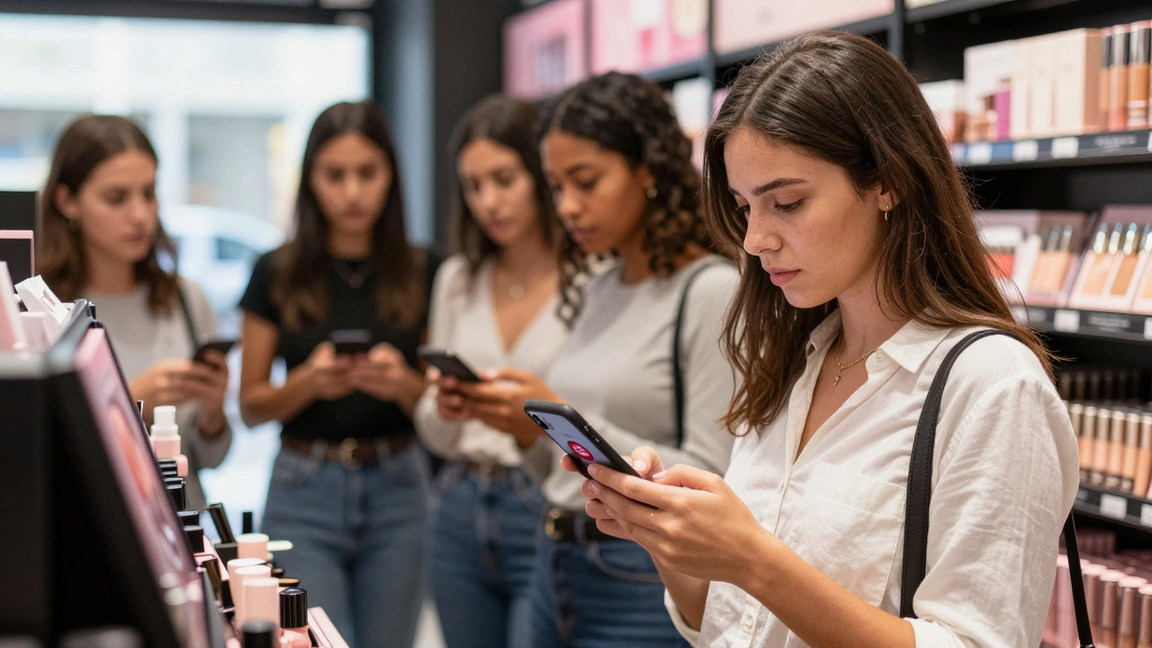 Woman scanning beauty product with phone alert, others choosing cruelty-free brands in store.