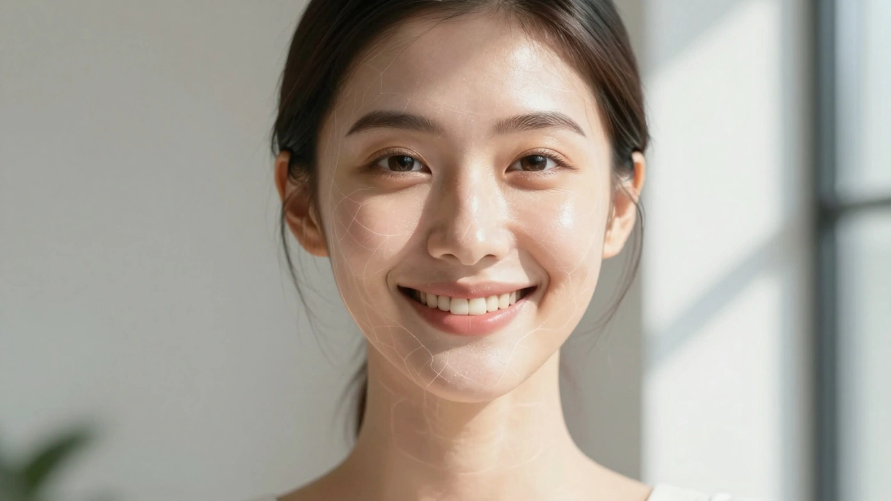 Woman with naturally plump, luminous skin after Profhilo treatment, subtle hyaluronic acid network glowing under her skin.