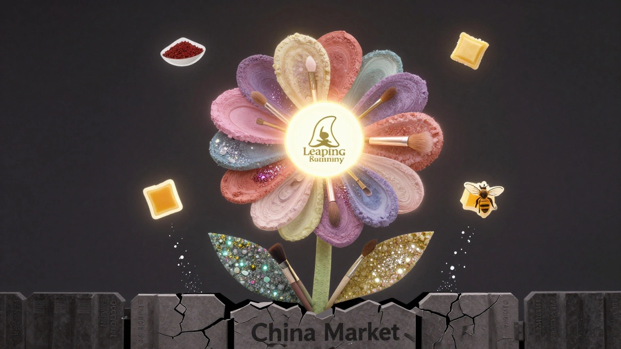 Abstract flower made of vegan makeup components rising above a cracked China market barrier.