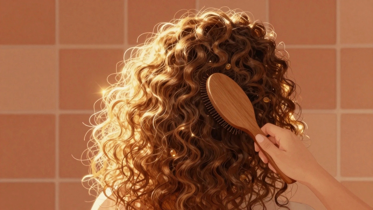 Argan oil adding shine to curly hair ends with golden glow.