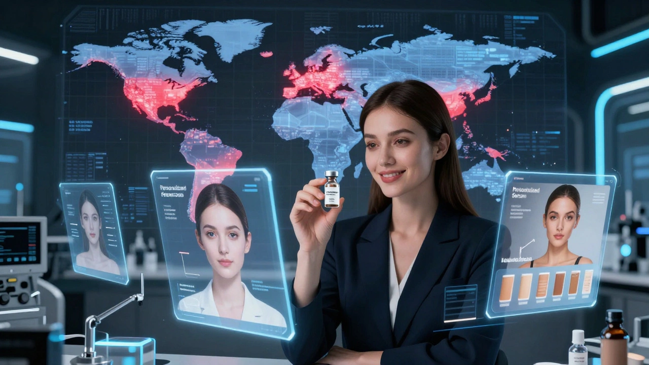 Beauty tech founder surrounded by holographic AI skin analysis tools in a futuristic lab.