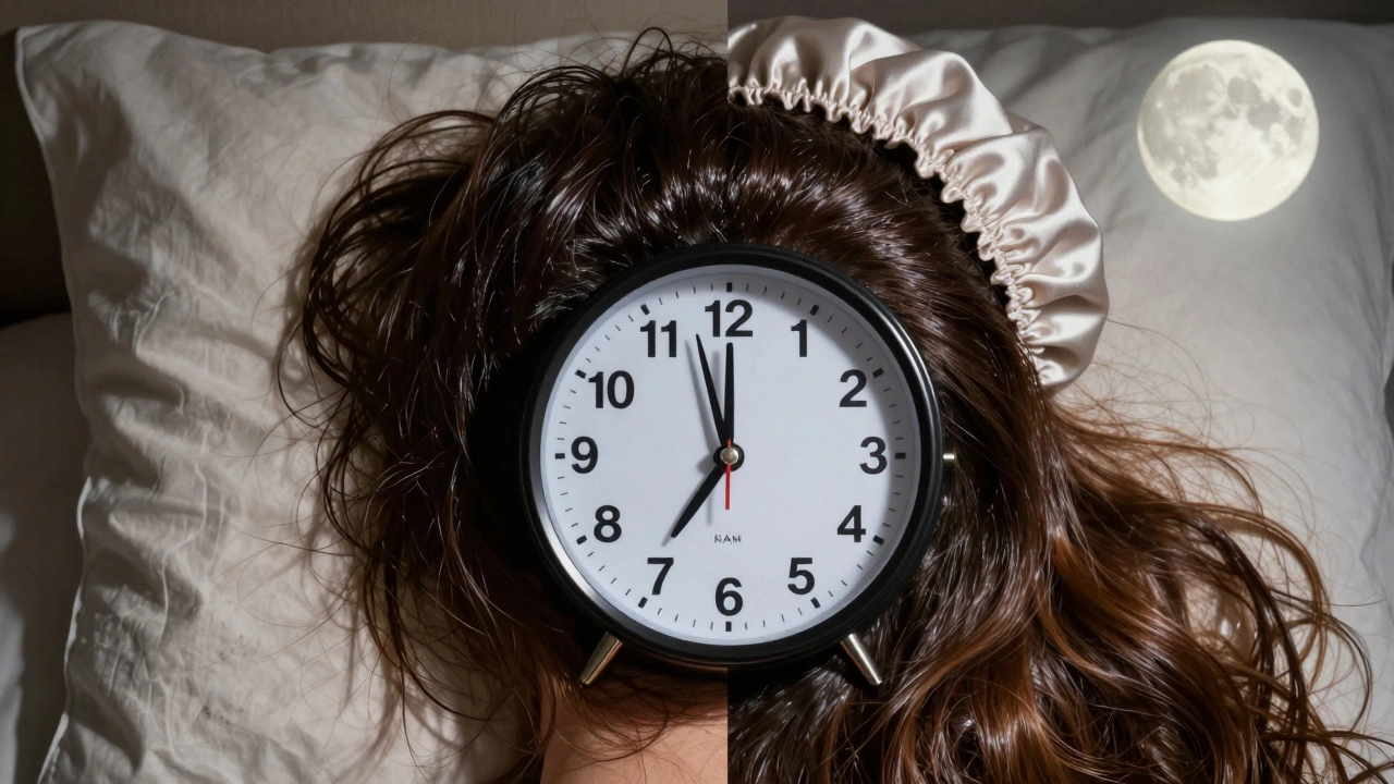 Contrasting sides of hair: greasy morning hair vs. healthy nighttime hair, with clock showing time difference.