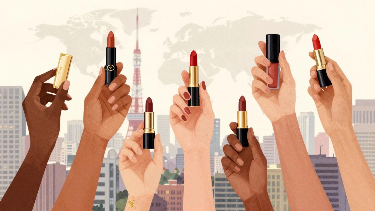 Diverse hands holding different lipstick shades against global city backgrounds.