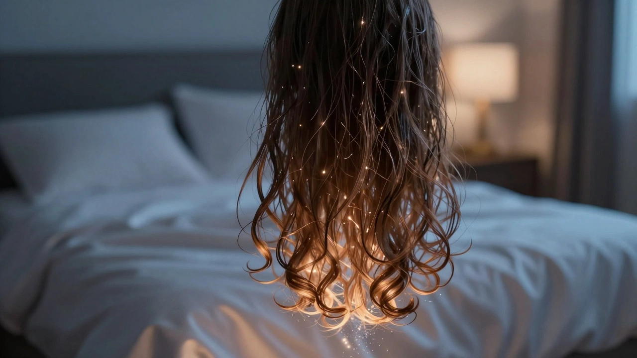 Floating hair strands glowing with moisture, transitioning from damp to nourished ends in a bedroom setting.