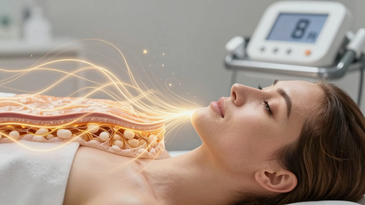 Golden energy waves rebuilding collagen in mature skin during a radiofrequency treatment.