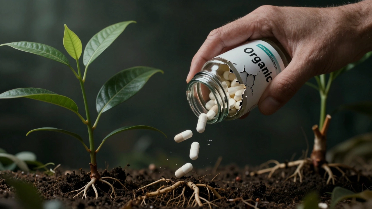 Hand holding an 'Organic' jar cracking open to reveal pharmaceutical pills, while plant roots grow upward from below.