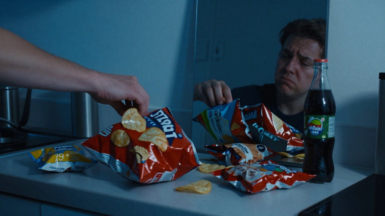 Hand reaching for processed snacks while mirror reflects tired skin.