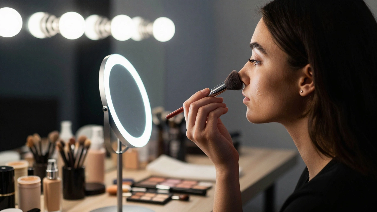 Makeup artist applying foundation with a brush under soft LED light in a studio.