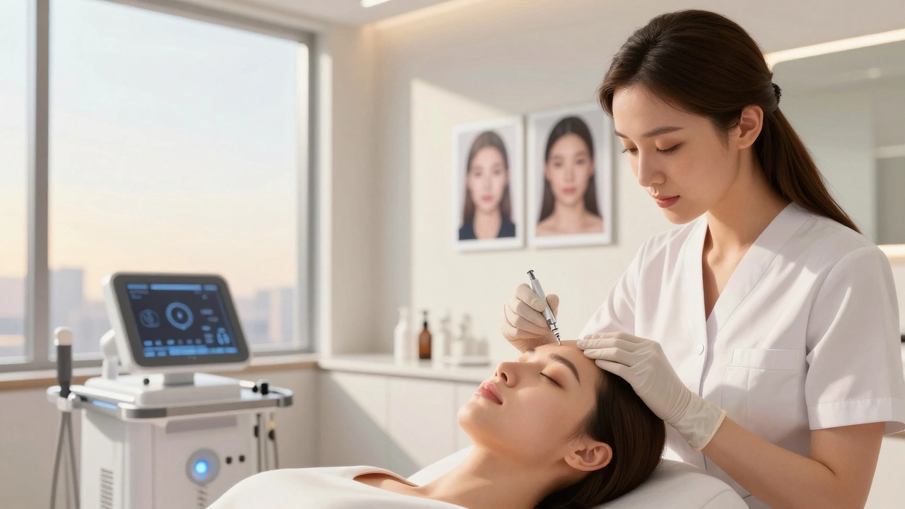 Medical aesthetician administering Botox in a bright, minimalist treatment room.