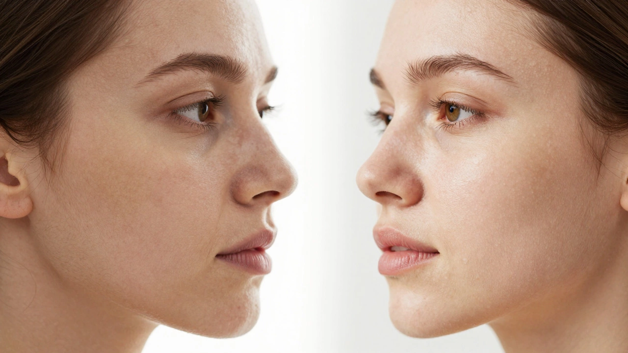 Side-by-side skin comparison: dull vs. radiant, showing the effect of proper skincare.