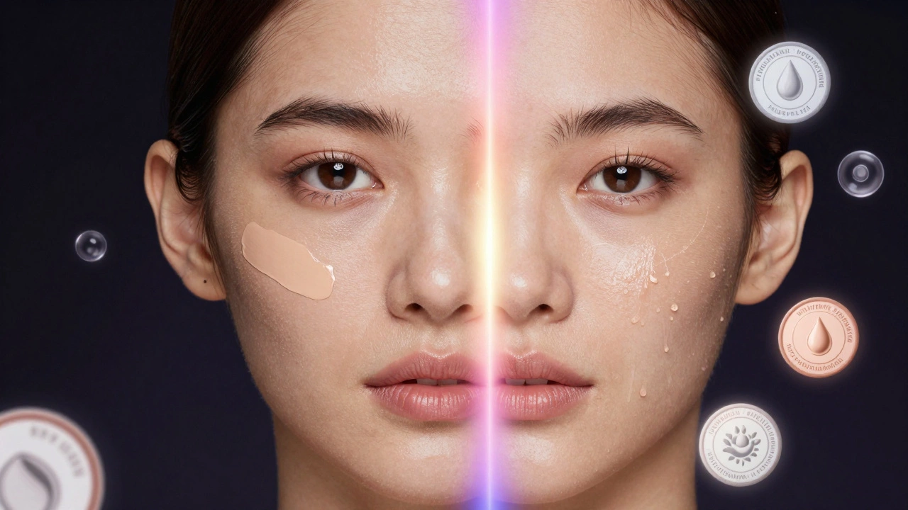 Split-face concept showing oily and dry skin with matching makeup formulas.