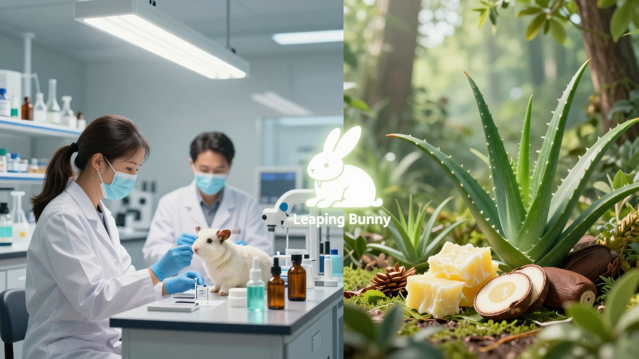 Split image: animal testing in a lab versus natural ingredient harvesting, symbolizing ethical choices in cosmetics.