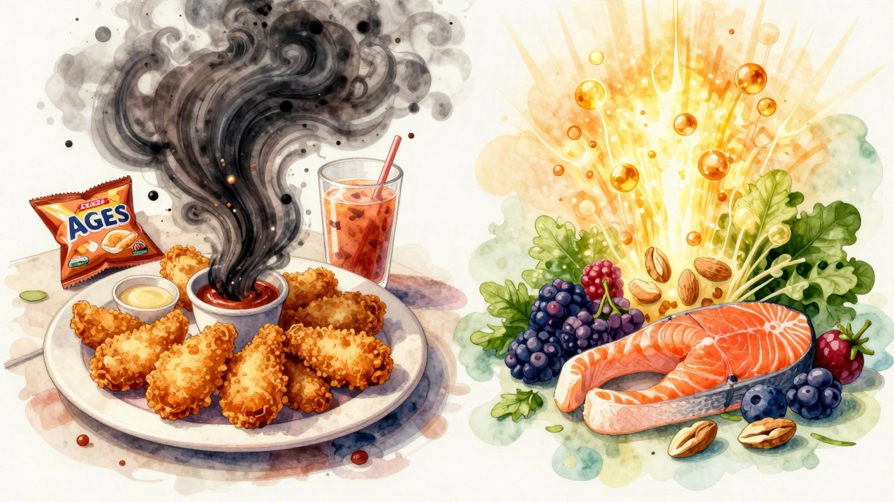 Split image: unhealthy foods emitting toxins vs. healthy foods radiating healing light.