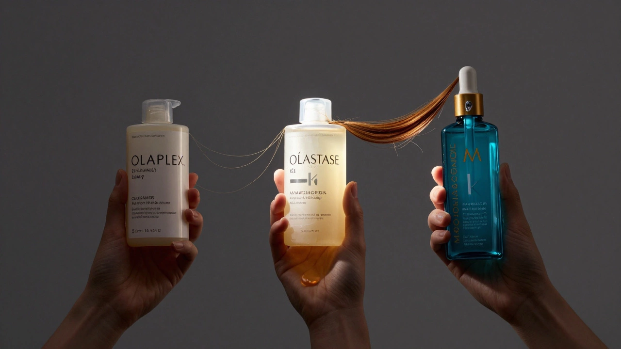 Three hair care bottles side by side, Olaplex emitting golden repair threads into healthy hair.