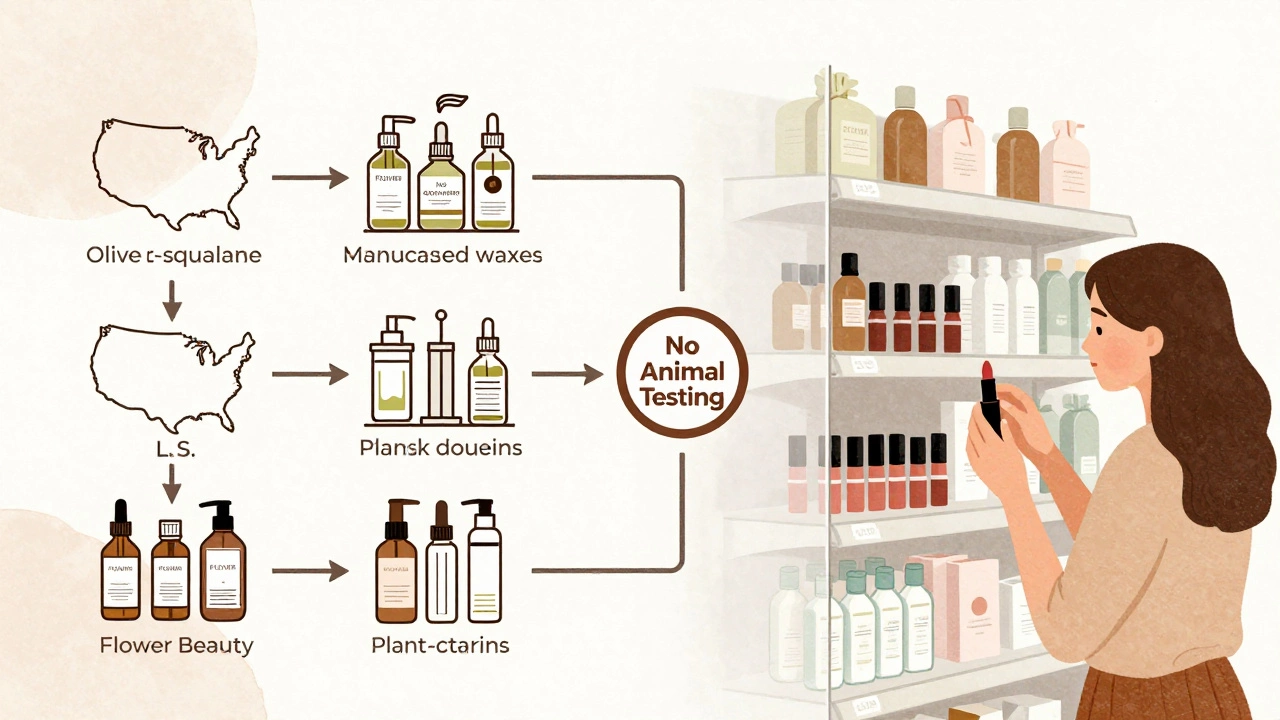Transparent supply chain of Flower Beauty products from plant-based ingredients to Target shelf in UK.