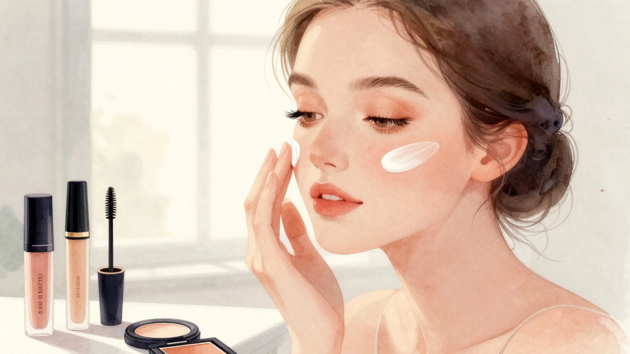 Woman applying light tinted moisturizer and cream blush for a natural look.