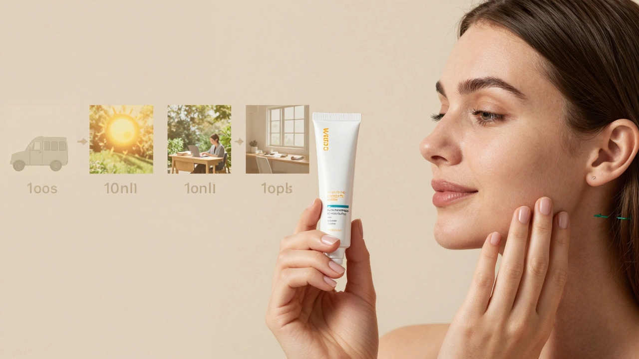 A woman's hand touching her cheek beside a sunscreen bottle and hyaluronic acid filler vial, with faint images of daily UV exposure in the background.