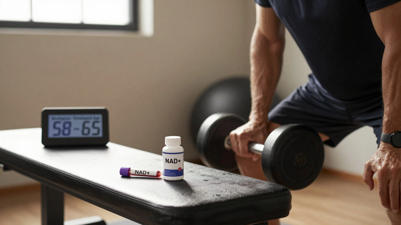 An older adult exercising with a supplement bottle and blood test vial, showing biological age lower than chronological age.