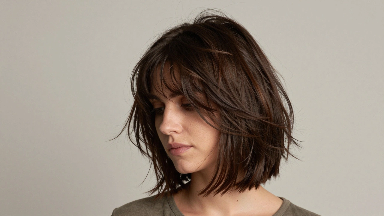 Chin-length bob with internal layers and wispy bangs, hair appearing voluminous at the top.