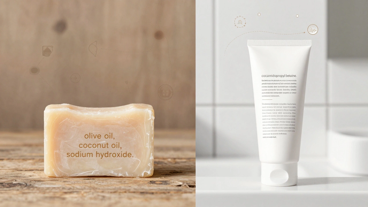Comparison of traditional soap ingredients versus synthetic detergent cleanser ingredients.
