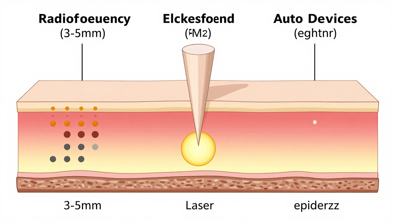 Cross-sectional comparison of RF, ultrasound, laser, and at-home devices penetrating skin layers to different depths.